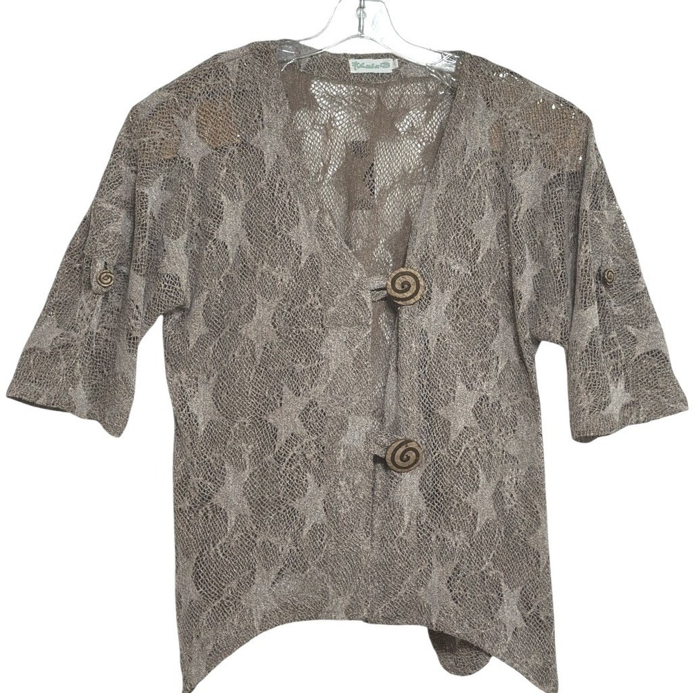 Lulu-B Open Knit Cardigan Women Taupe Mesh Star Pattern‎ Mesh Beach Fairy L